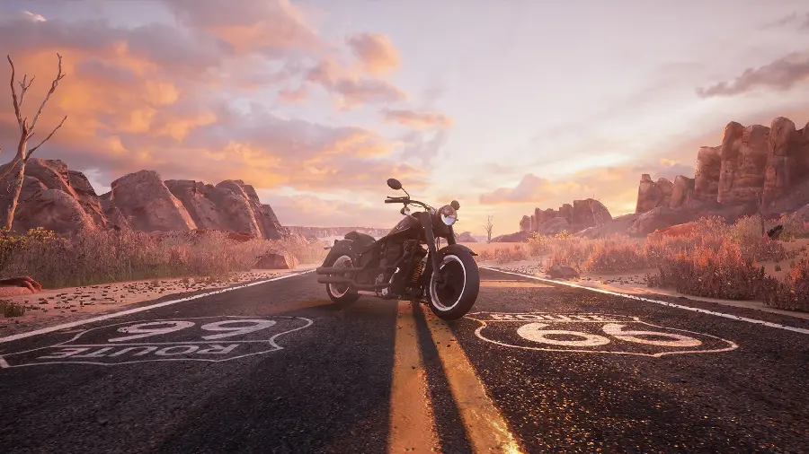 American road and motorcycle background 8k