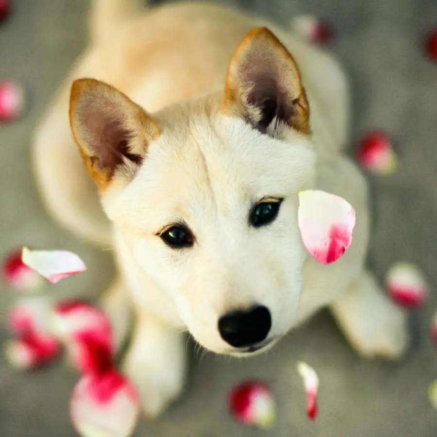 White Husky Dog Picture with Beautiful Red Petals
