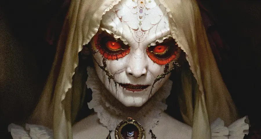 Scary and strange AI photo of a female doll with red eyes