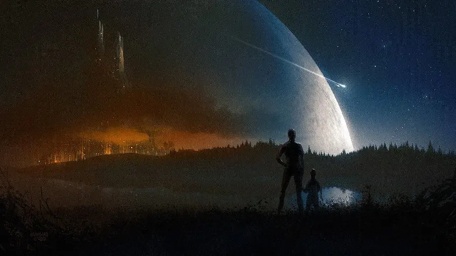 Fantasy concept photo of two people watching the galaxy