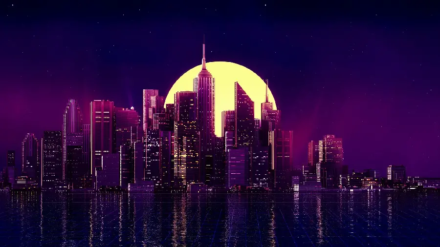 Beautiful Round Moon Along the Buildings of Purple City