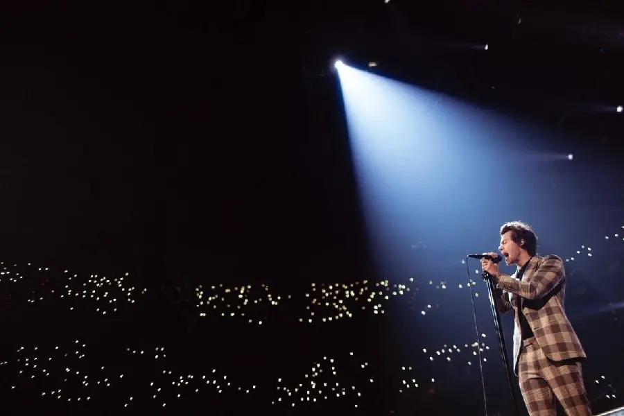 Image of Harry Styles with a plaid suit at a concert