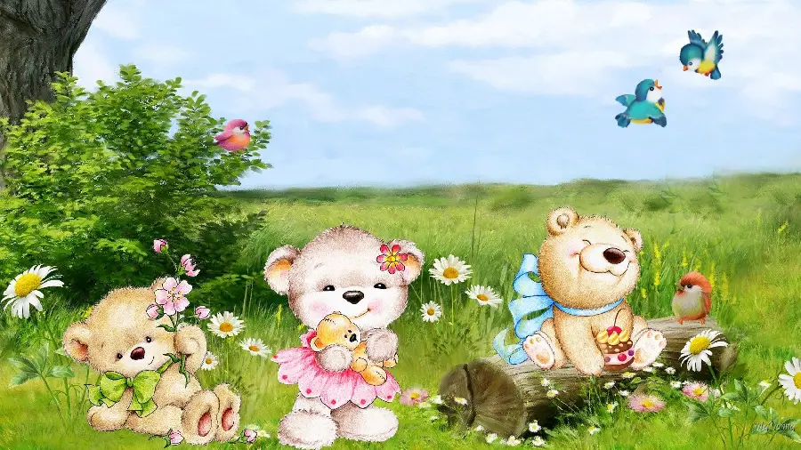 Beautiful picture of cartoon teddy bears in a dreamy spring
