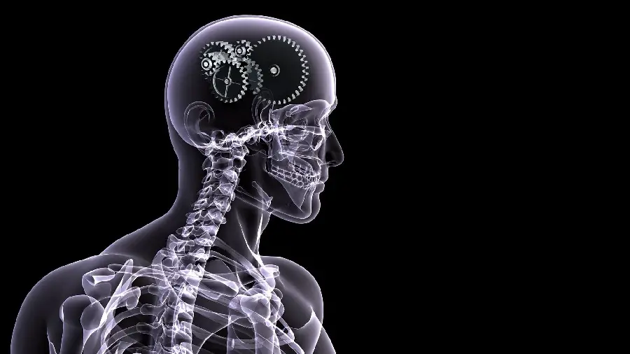 Fantasy 4K image of radiology of human brain with gears