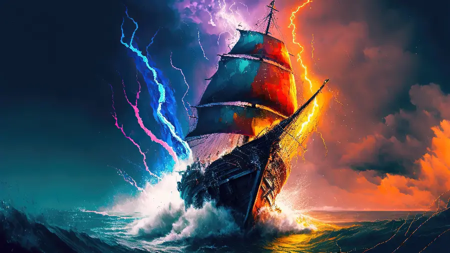 Photo generated by AI with the design of an old ship in a storm