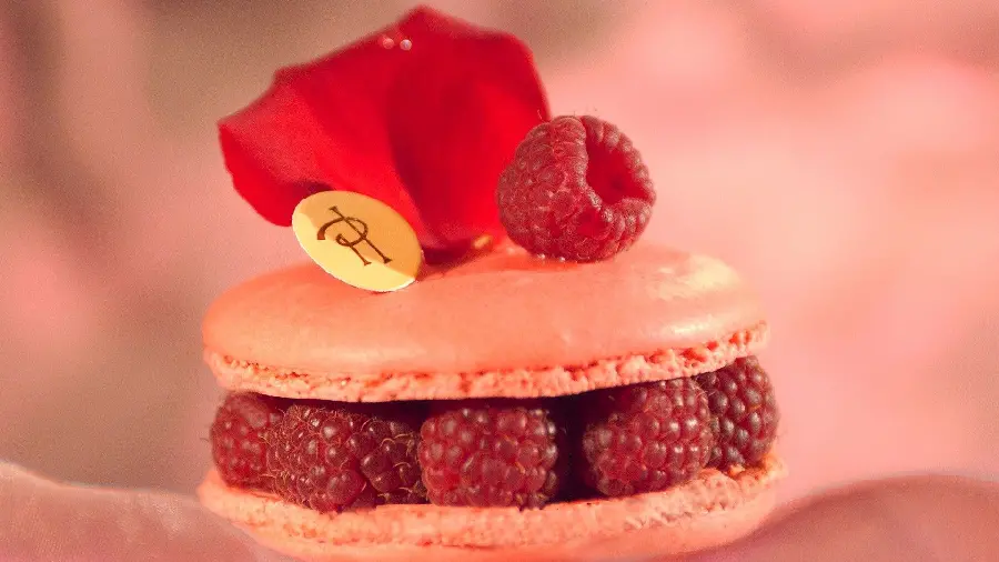 Image of luxurious macaron sweets with a beautiful red berry centerpiece