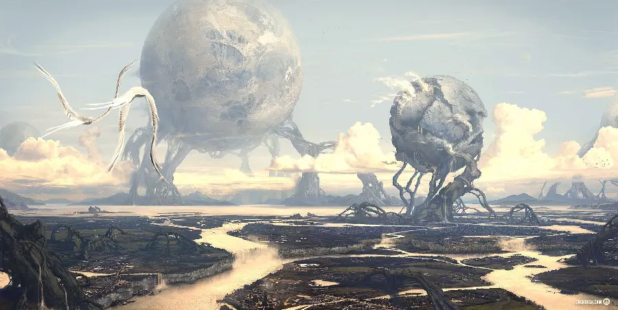 The latest computer fantasy background of strange birds in the city