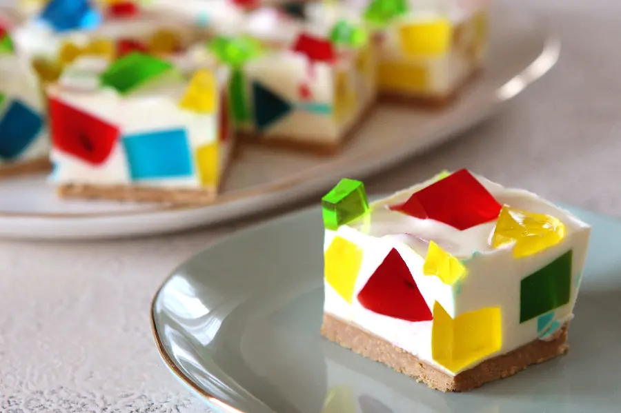 Beautiful view of a party cheesecake with jelly pieces for printing in HD quality