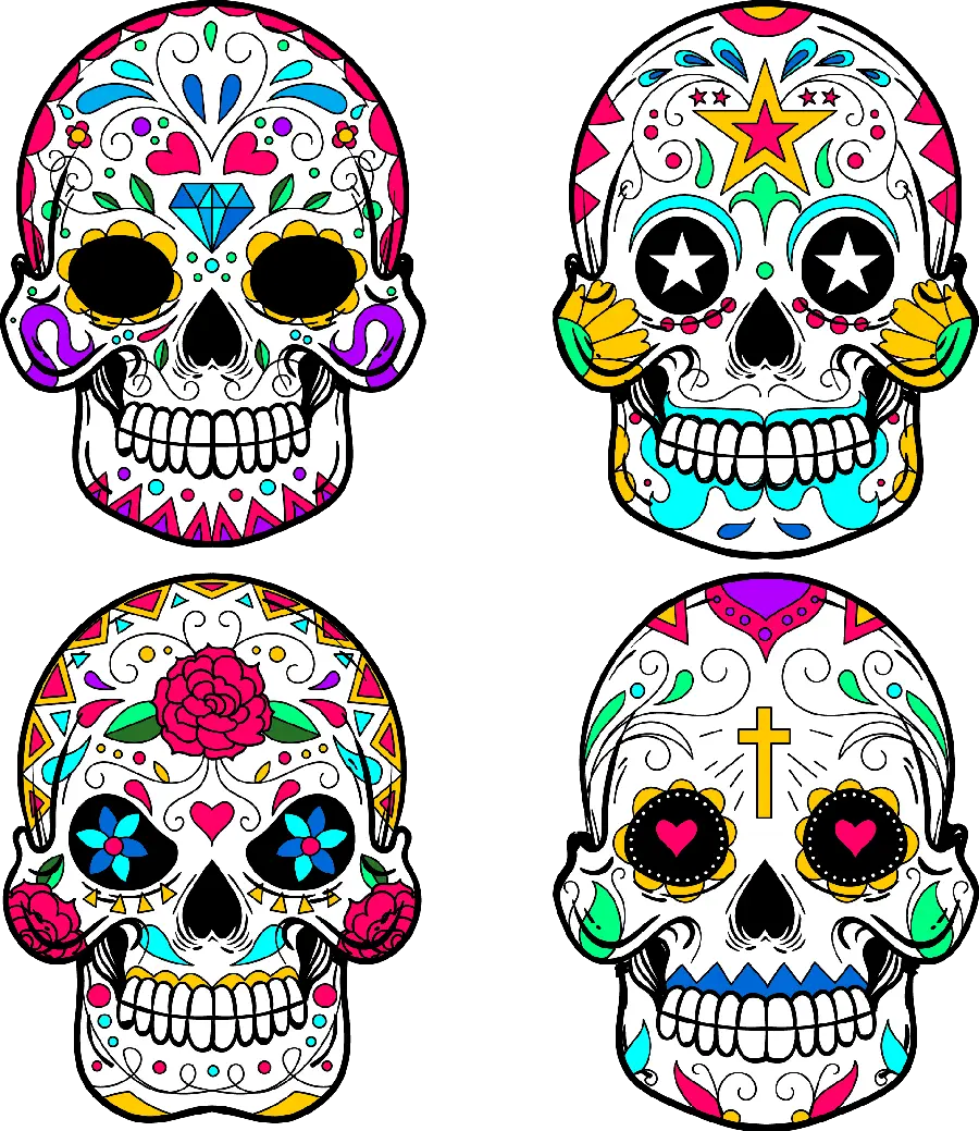 Four Beautiful Colored Skull Drawings in One PNG File