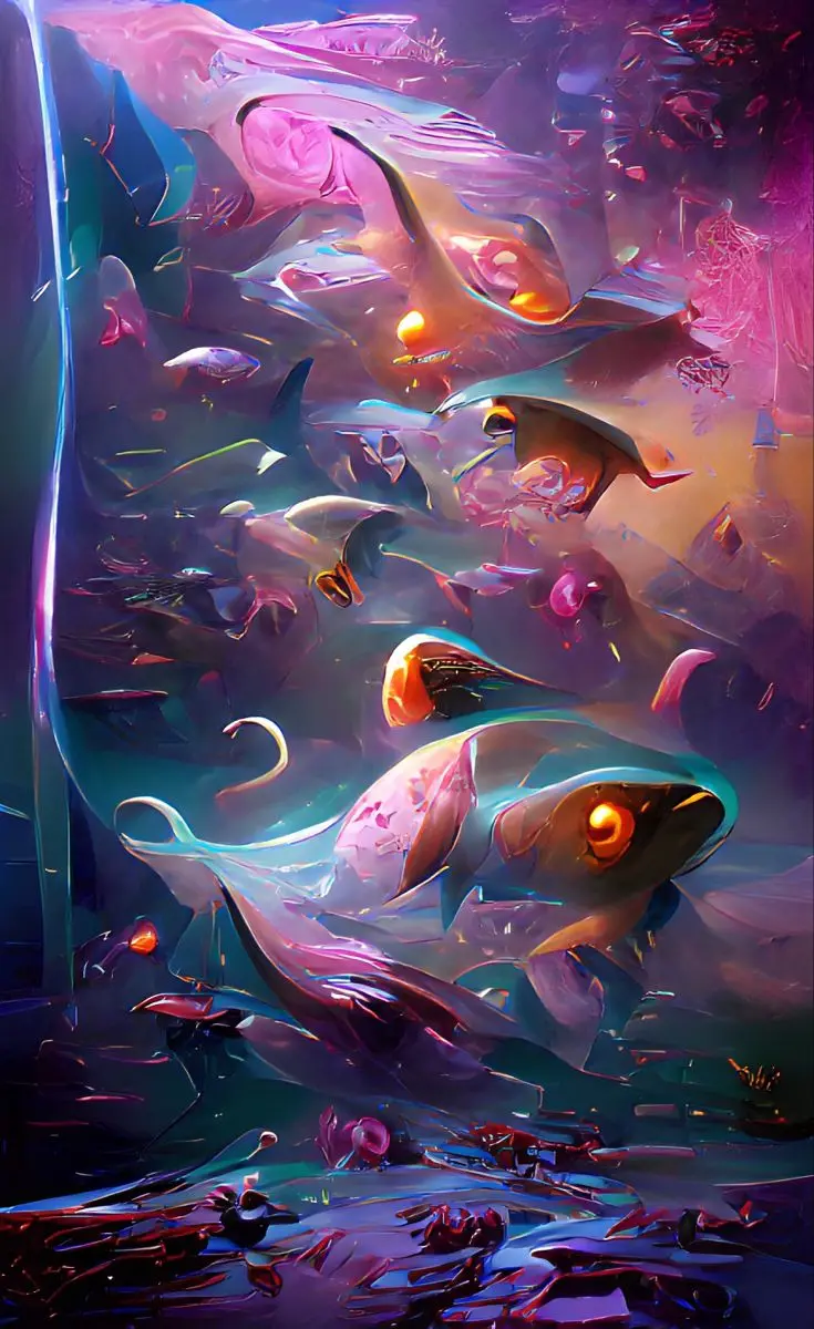 The strangest AI image of underwater creatures with a beautiful pink halo