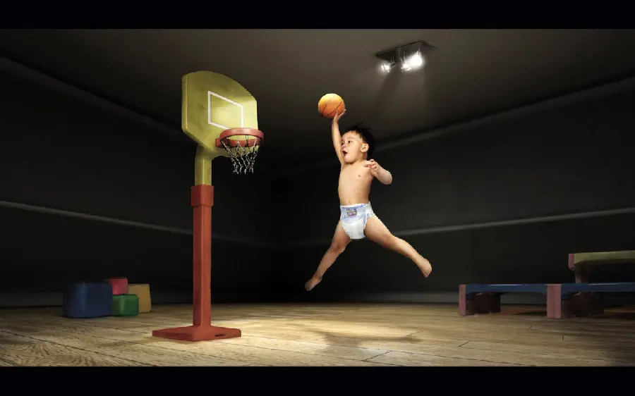 Cool and fantasy photo of a child playing basketball for Instagram 