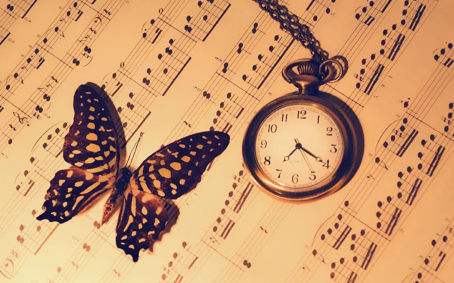4K artistic photo with an old watch design and a butterfly and musical notes for your profile