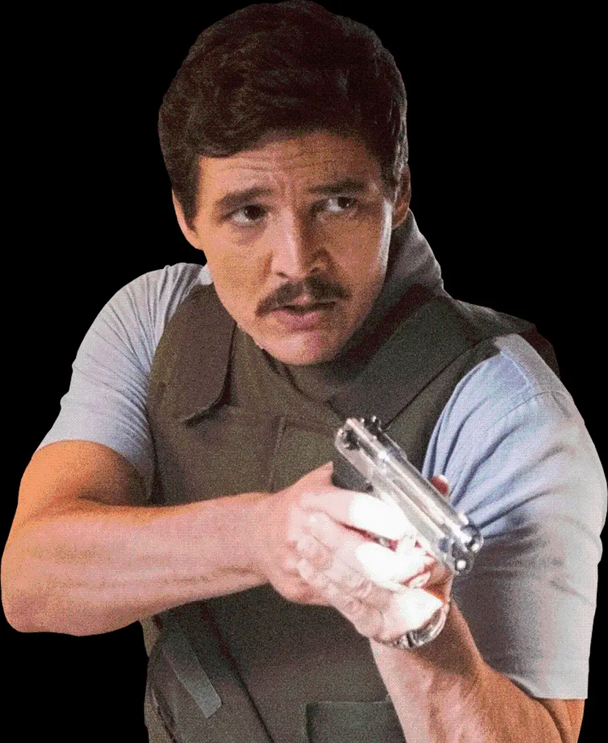 Download 8K photo of Pedro Pascal with a gun and bulletproof vest