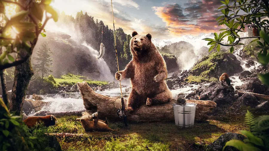 Professional painting of a brown bear hunting Fish in a beautiful river