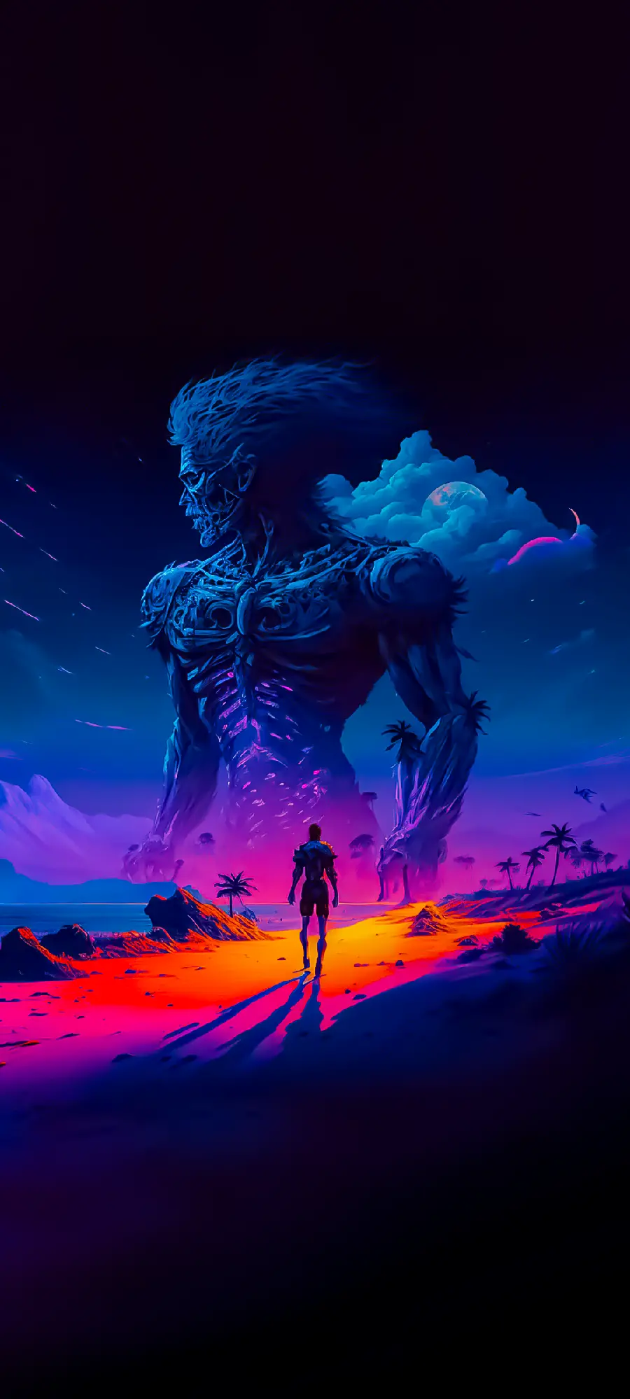A creepy profile picture of a lonely man observing a large skeleton in the sky made by AI