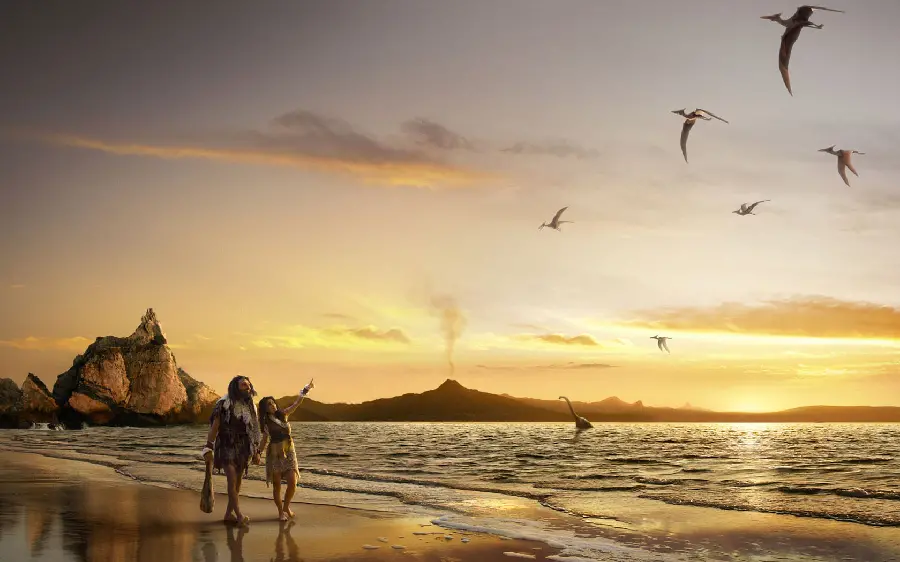 Fantasy and interesting profile of two primitive humans in love by the seashore