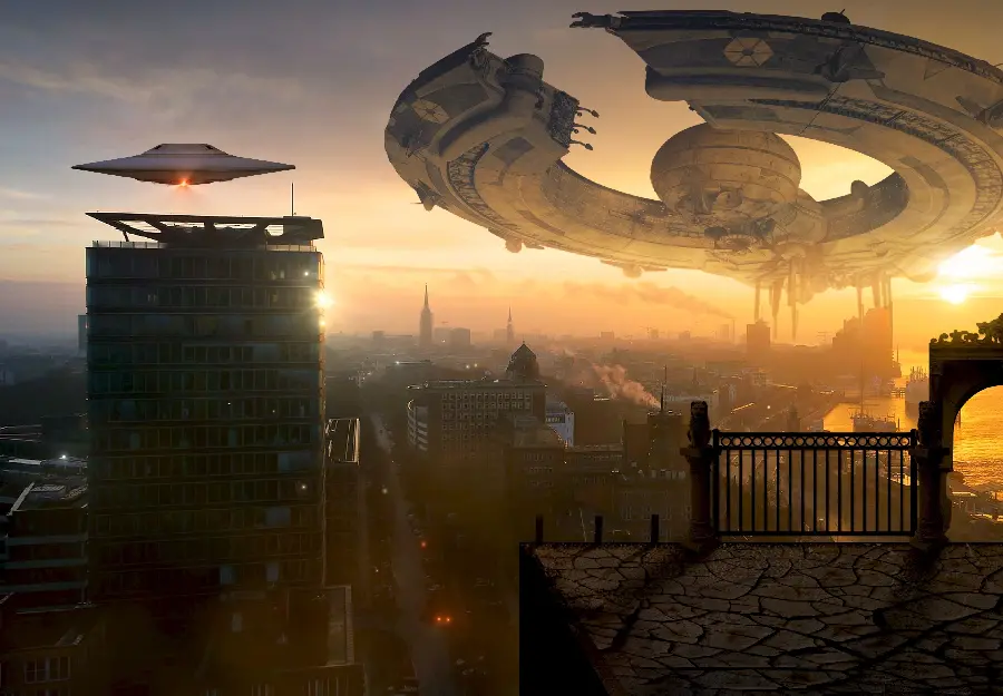 Fantasy photo of a giant UFO on Earth 2023