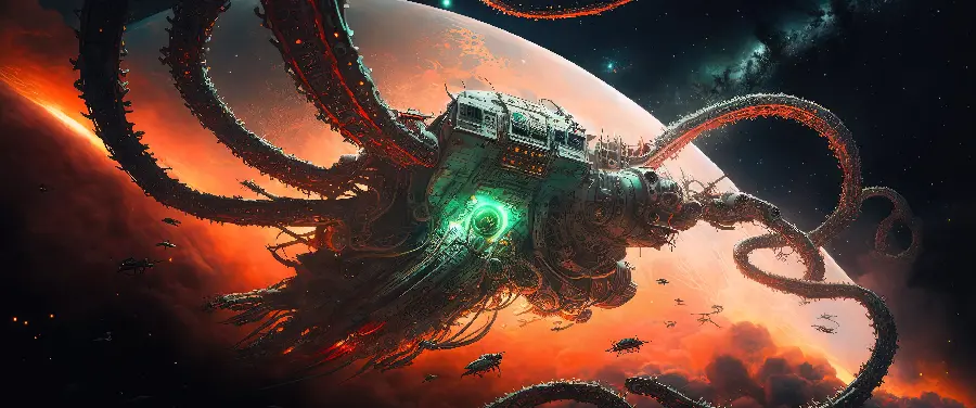 Spectacular AI image of a giant spacecraft equipped with very long arms