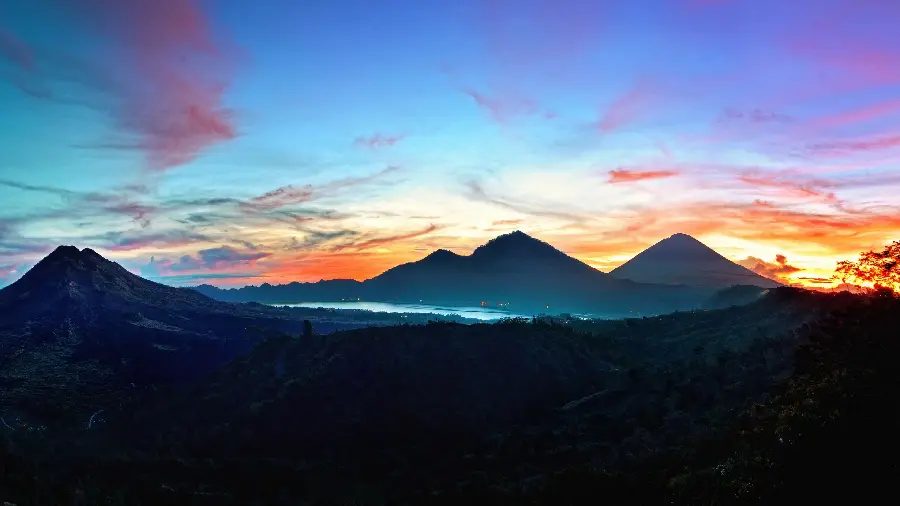 Amazing view of the mountains of Bali at a colorful sunrise