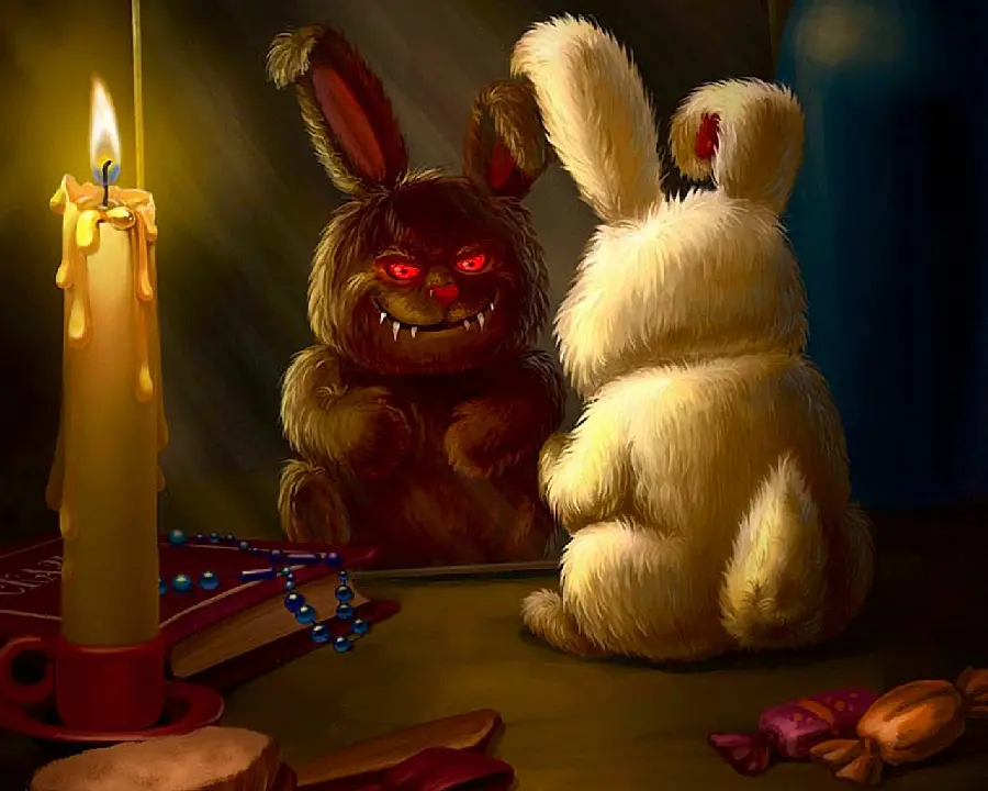 A photo of a mischievous rabbit in a mirror in Full HD quality for Instagram 