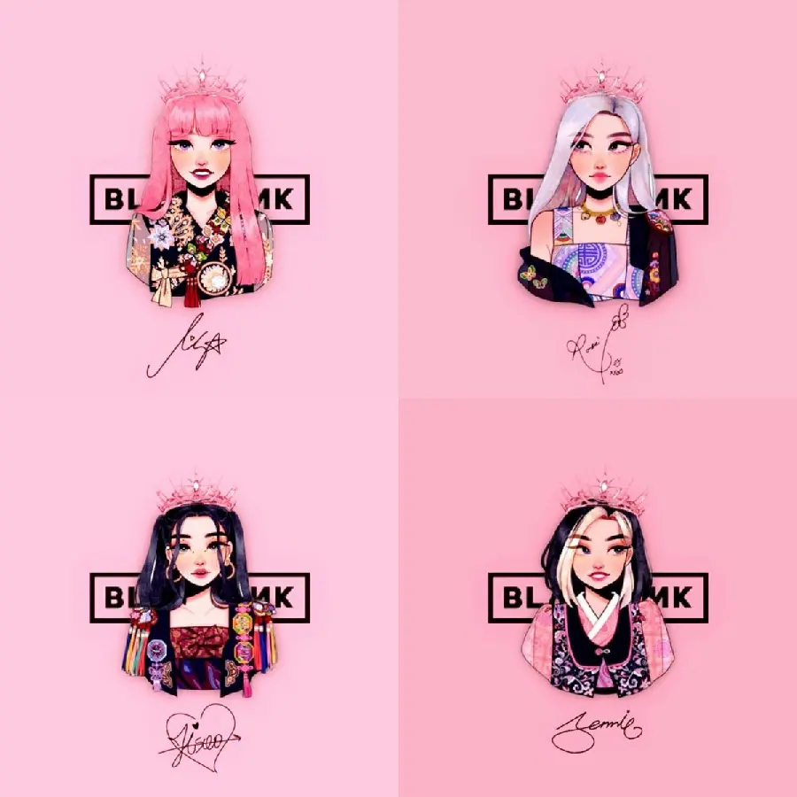 Blackpink Cartoon Photo with their Name and Signature