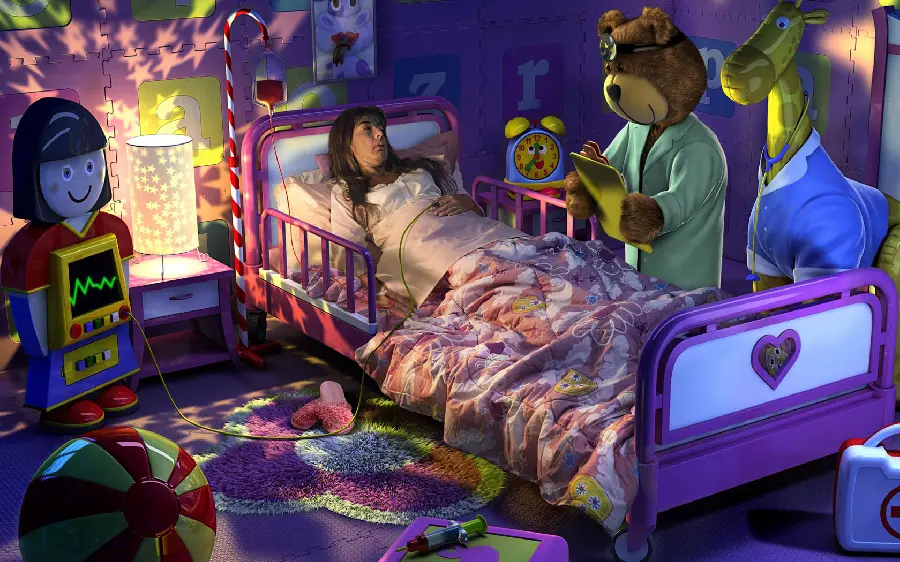 Cute and beautiful photo of a brown bear doctor examining a patient in a fantasy room 
