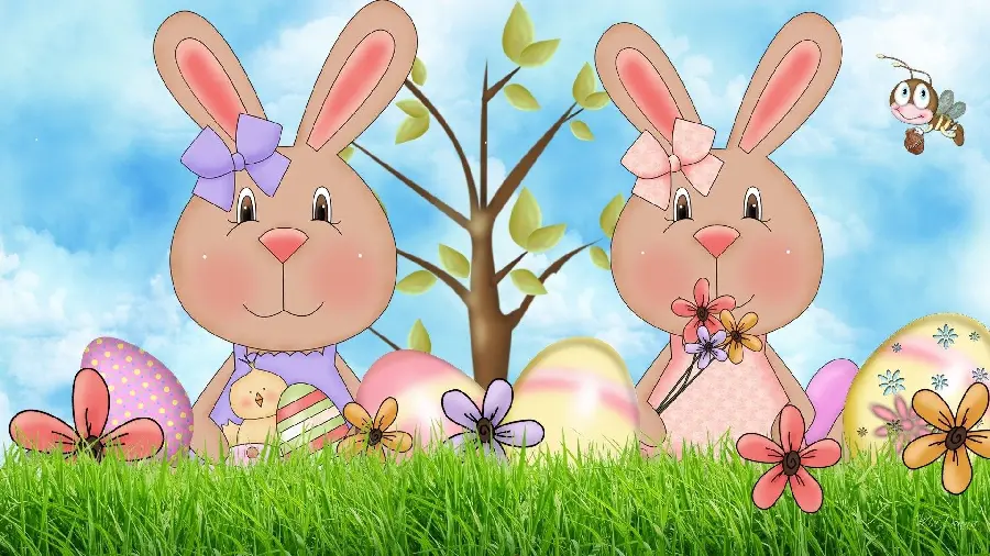 Children's poster of rabbit dolls in spring suitable for printing