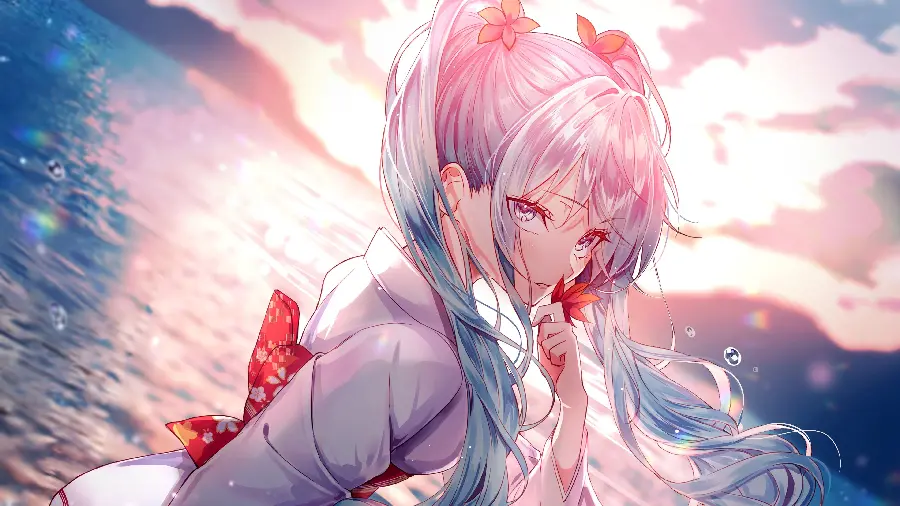 Dreamy background of an anime girl with long blue hair for a girly computer