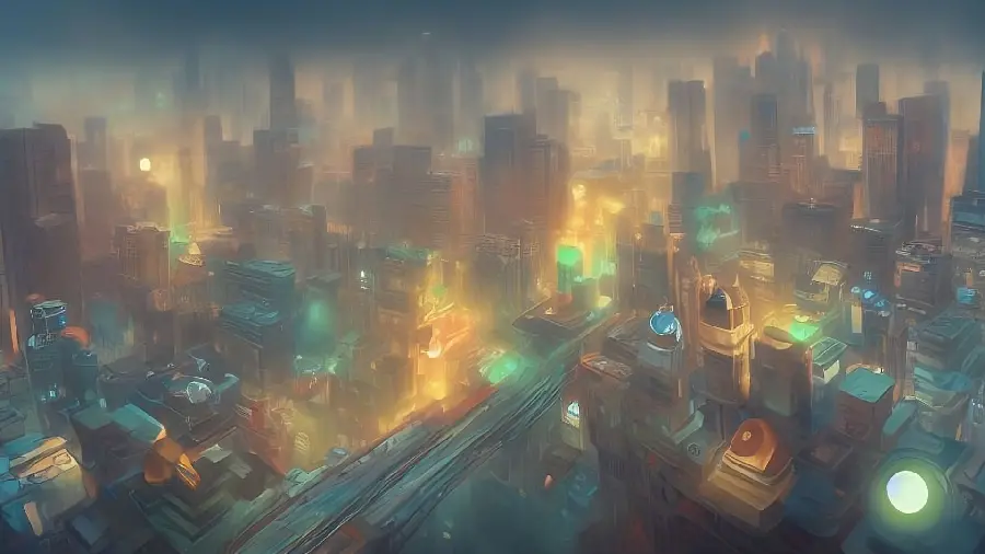AI or Artificial Intelligence Painting of a Foggy Lighted City Suitable for Desktop Background