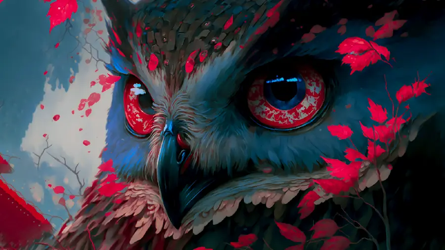 Image of a giant owl among red leaves produced by AI, the popular technology of these days