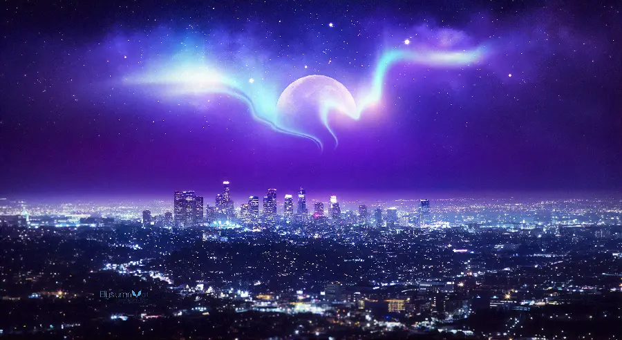 Dreamy HD image of the city under the purple sky with light rays