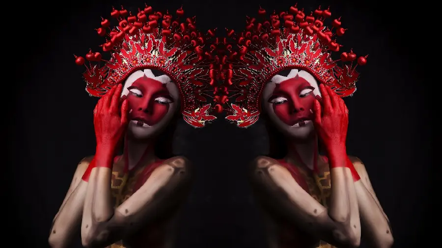 Amazing background of two women with red crowns on their heads