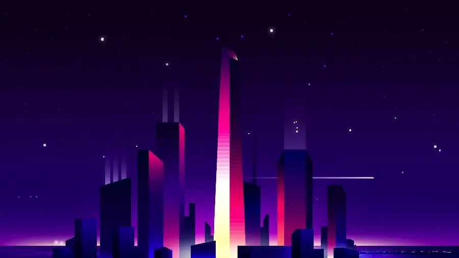 Painting of a modern city with tall towers under a purple sky