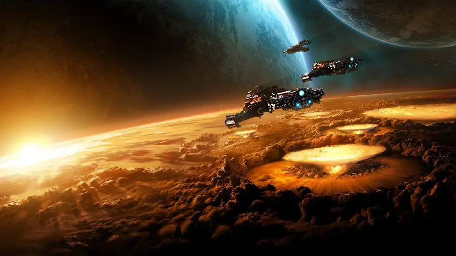 Rocket Flying Over Space Explosions in an Exciting HD Frame
