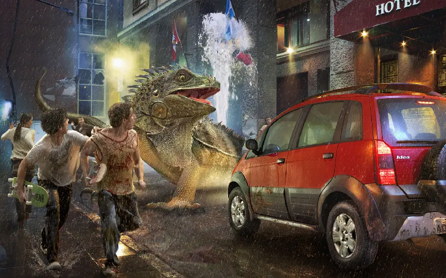 Strange graphic image of a huge lizard on the streets of the city