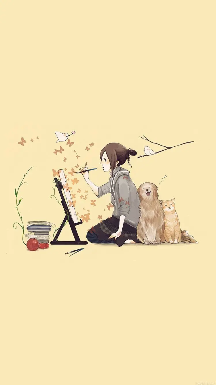 The latest artistic wallpaper of a girl painter and a cute dog