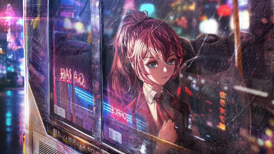 Profile of a beautiful luxury anime girl on a city bus on a rainy night