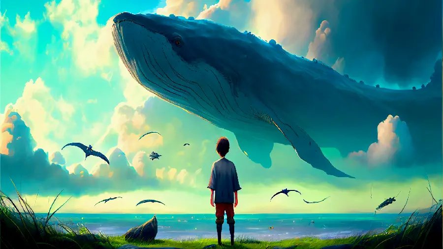 AI-generated image of a boy watching a whale fly over the sea