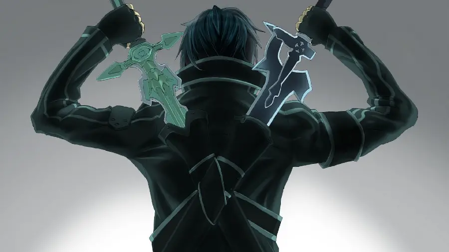 Photo of a creepy anime warrior boy from behind and deadly swords