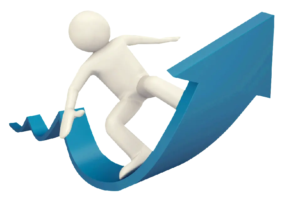 3D Image of Man Riding on Blue Wave Arrow and Upward Arrow PNG