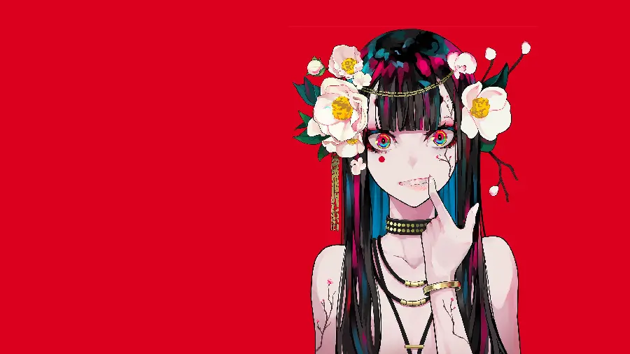 The most stylish red background of an anime girl with flowers and special ornaments