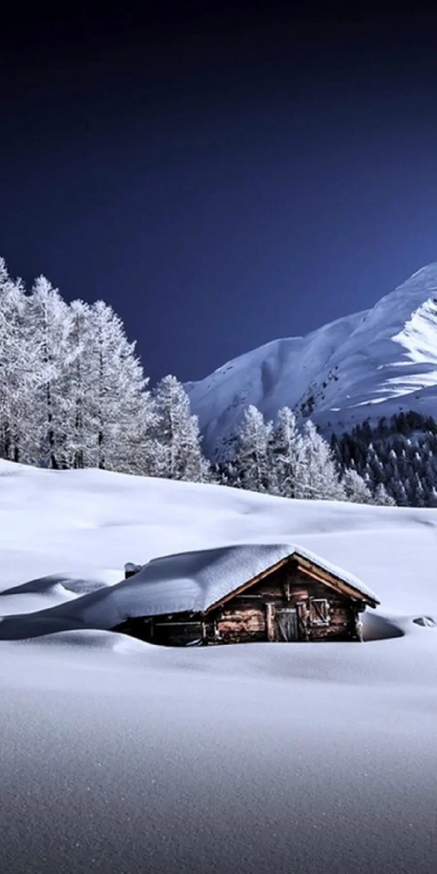 Wallpaper and photo of a cottage on the slopes of a snowy mountain for Android mobile