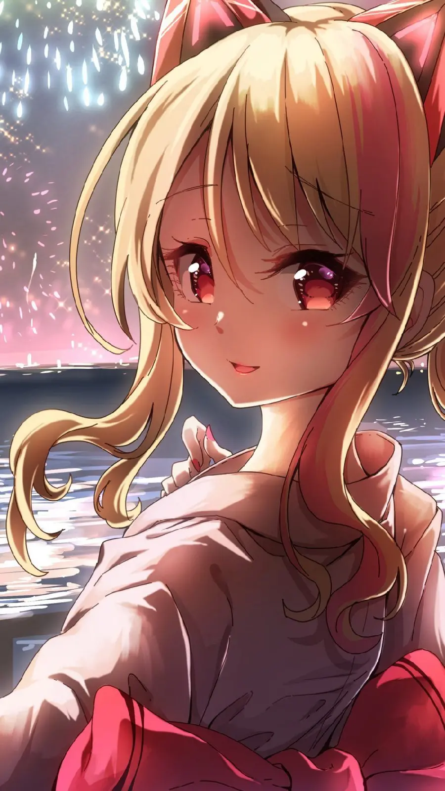 Beautiful and flirtatious anime girl with golden bangs 2023