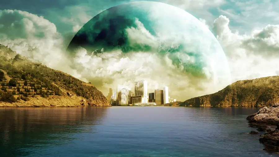 Magical view of buildings on the lakeside in the fantasy genre