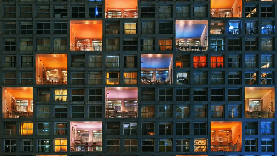 Photo of bright colored units of the large building 1402