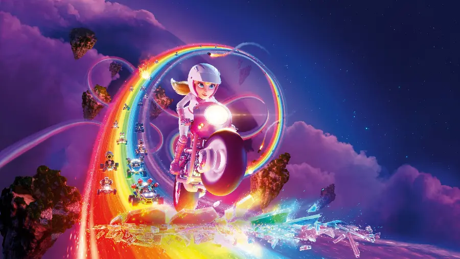 Beautiful color image of Princess Peach riding a motorcycle in Super Mario
