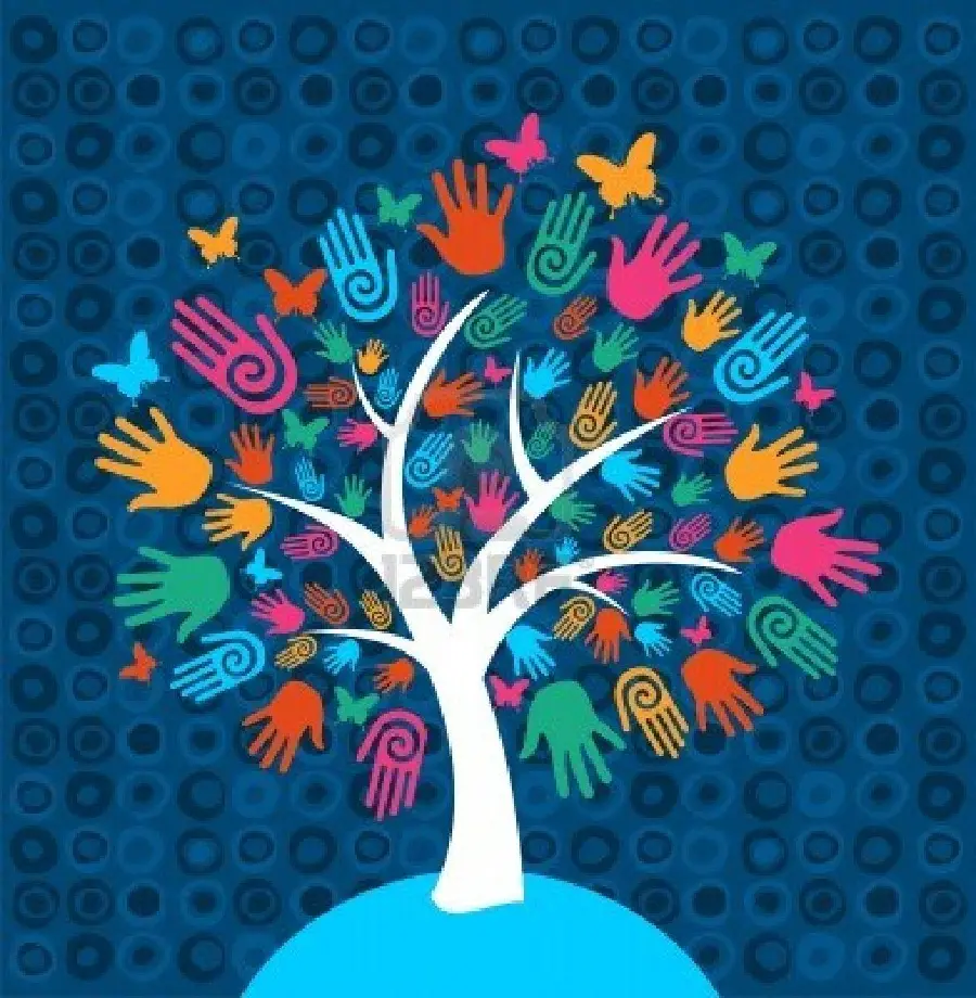 A wonderful dreamy image of the human rights tree with colored handprints