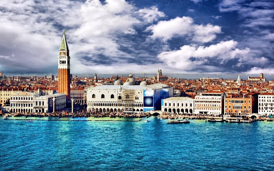 View of buildings and the clock tower of Venice