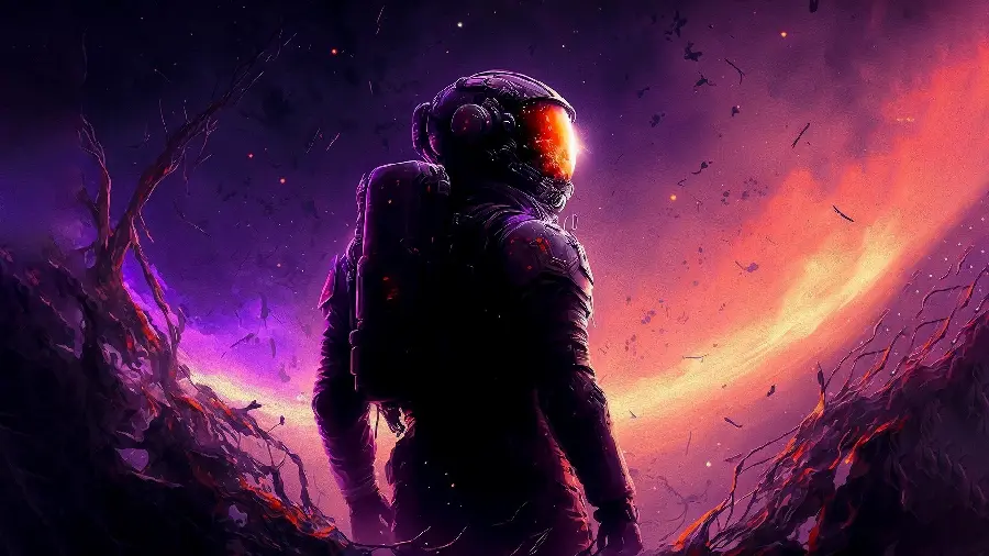 Photo of an astronaut on a bright yellow and purple planet made by artificial intelligence