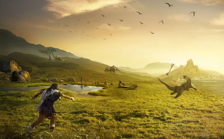 Fantasy image of the skeleton Throwing for a dinosaur in ancient times